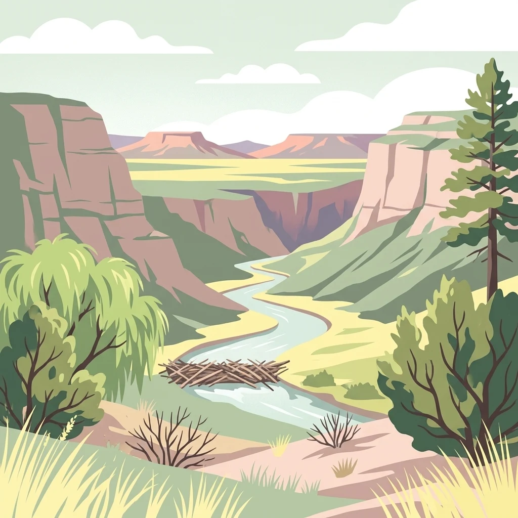 A digital illustration depicting a river flowing through a deep, layered canyon with steep cliffs, desert vegetation, and a beaver dam in the foreground.