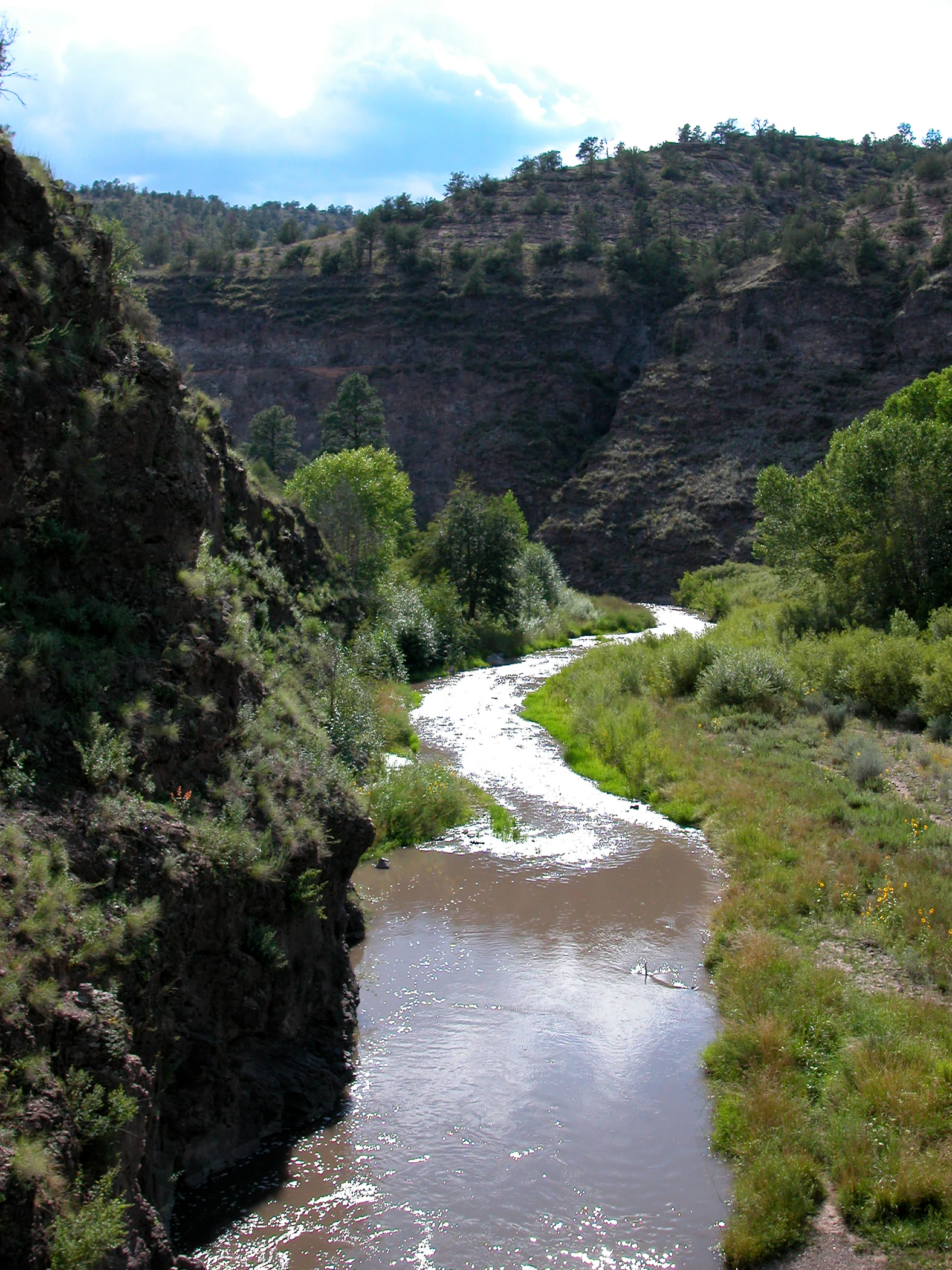 Un río fluye a través de un cañón con acantilados escarpados, oscuros y rocosos en un lado, y vegetación ribereña a lo largo de las orillas.
