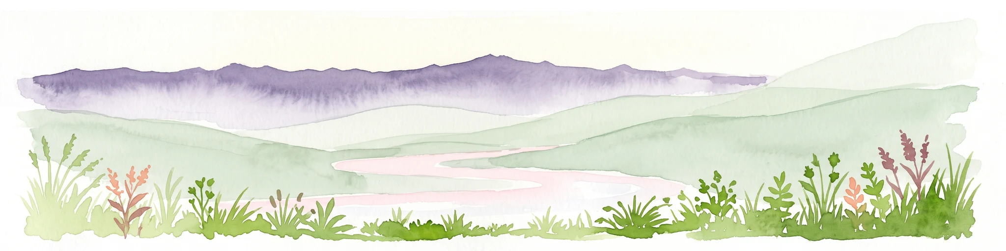 A horizontal watercolor illustration showing green foreground vegetation, rolling light green hills in the midground, and purple hazy mountains in the background against a white sky.