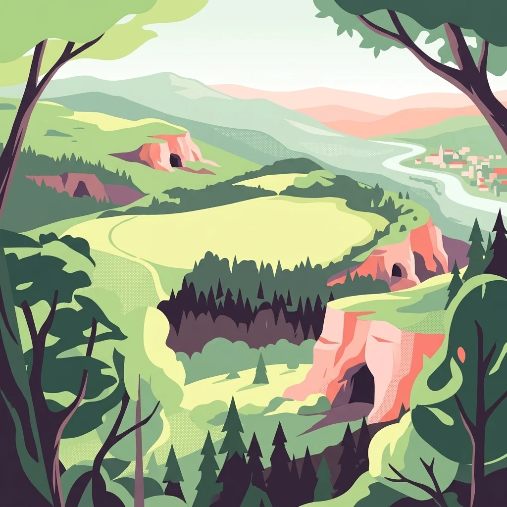 A flat-style digital illustration depicting a valley landscape with steep rocky cliffs containing cave openings, surrounded by dense forests and a winding river in the distance.