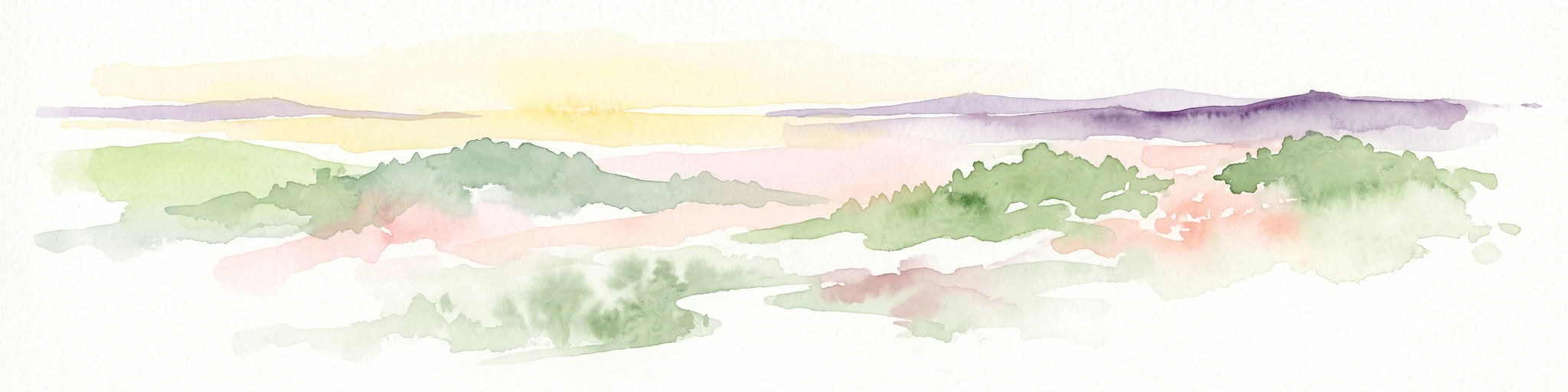 A minimalist watercolor painting featuring soft, abstract layers of green hills, purple distant ridges, and a pale yellow sky against a white background.