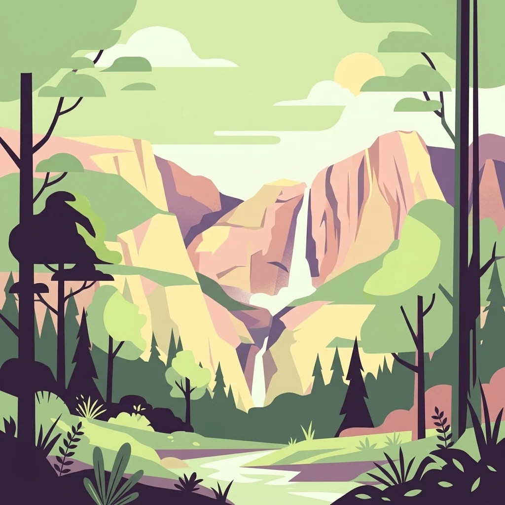 A flat vector illustration of a valley between steep mountain cliffs with a waterfall in the center, framed by silhouetted forest trees in the foreground.