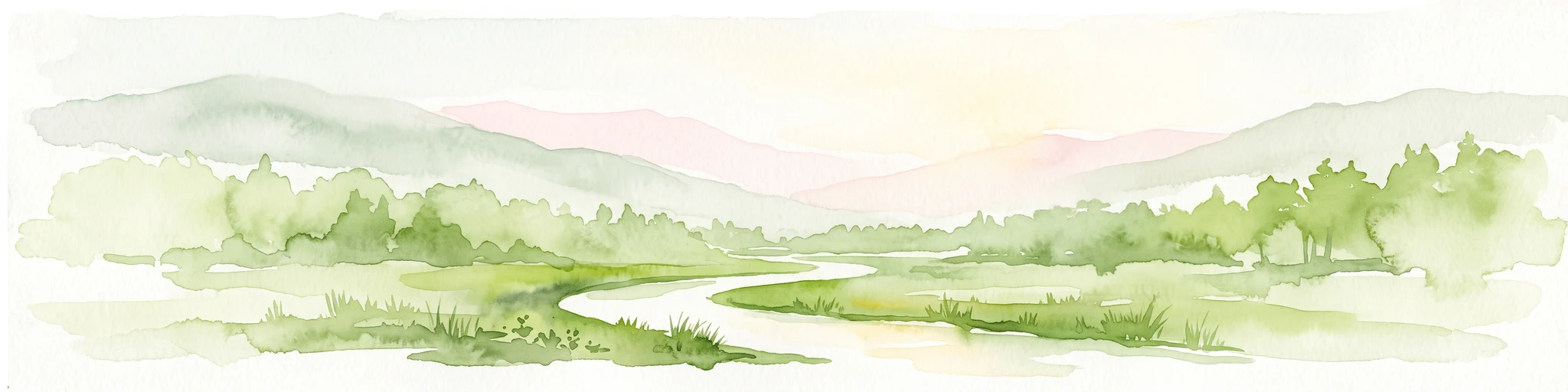 Acuarela de un valle verde con un río serpenteante y montañas suaves al fondo, estilizada como ilustración panorámica.
