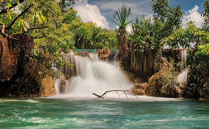A small waterfall with silky flowing water cascading over light brown, textured limestone tufa rocks into a turquoise pool, surrounded by dense tropical foliage.