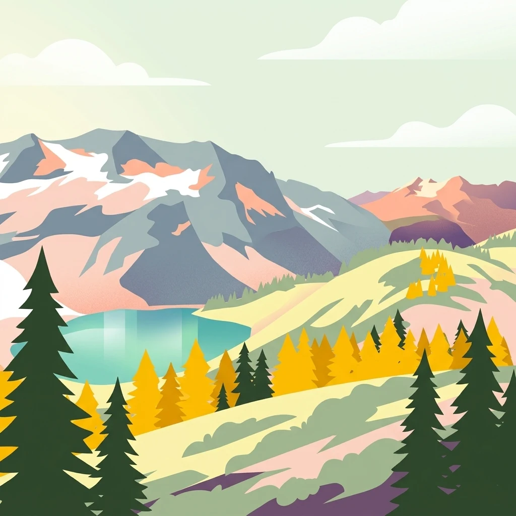 A stylized vector illustration of mountain peaks with snow patches, a turquoise lake, and yellow and green conifer trees in a hilly landscape.