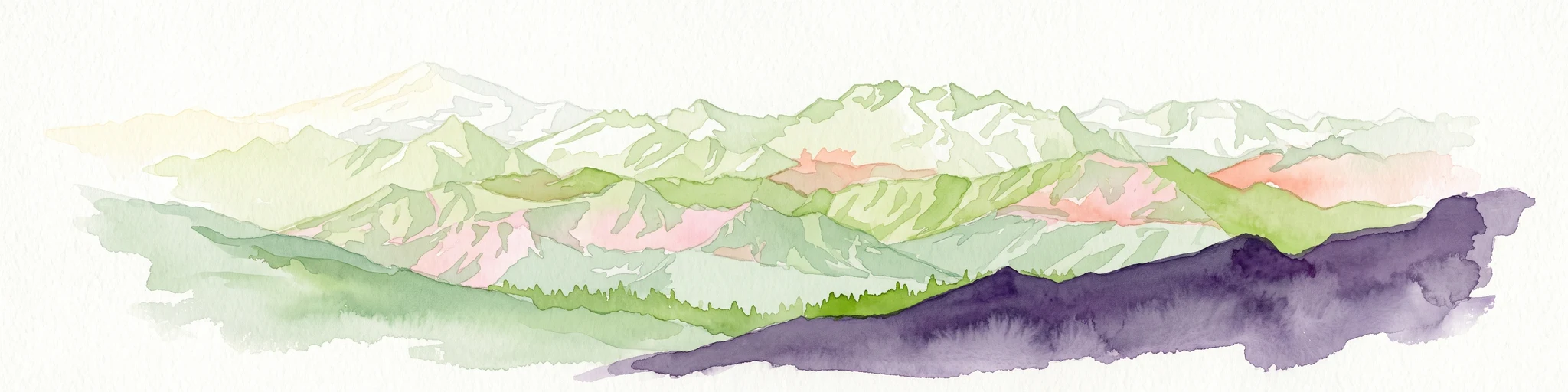 A soft watercolor illustration depicting a range of layered mountain peaks with green slopes and snow-covered summits against a white background.