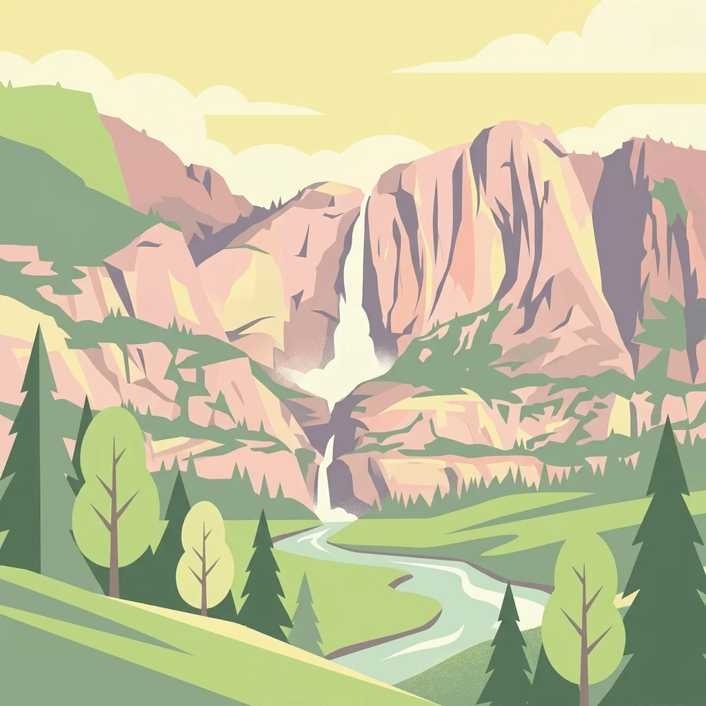 Digital illustration of a rocky mountain landscape featuring a tall waterfall cascading into a winding river surrounded by evergreen trees.