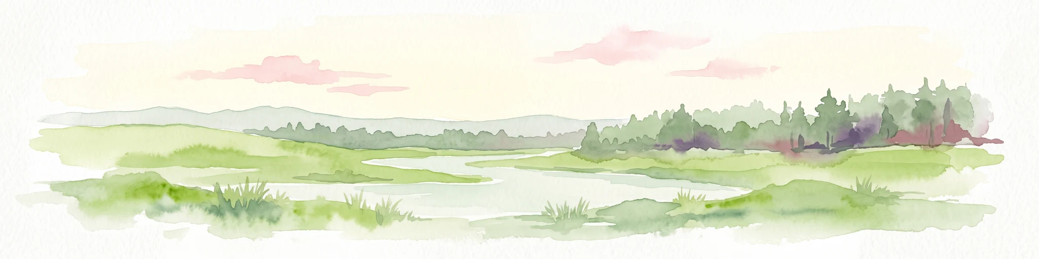 A watercolor painting showing a green valley with a meandering river, low hills in the distance, and light pink clouds in the sky.
