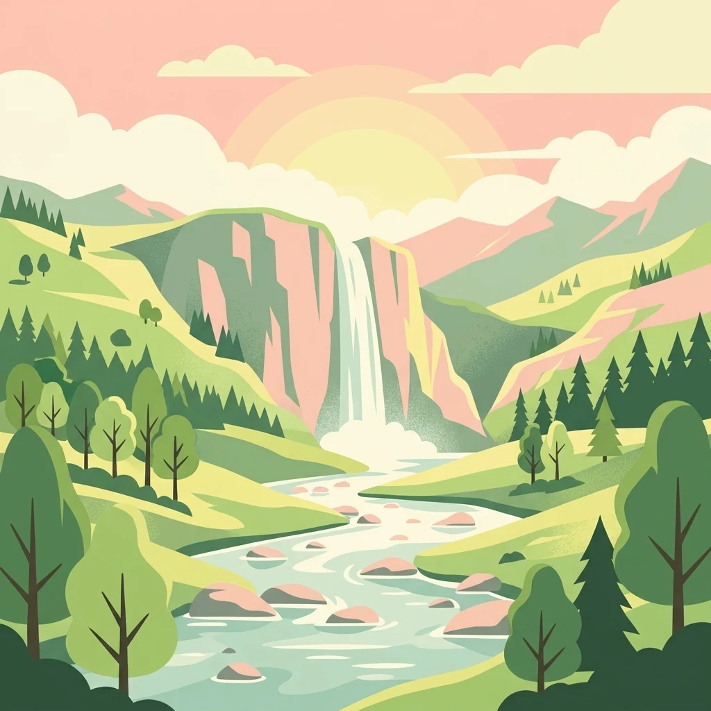 An artistic digital illustration showing a mountain valley with a waterfall cascading from a cliff into a river, surrounded by trees and gentle slopes under a soft, sunrise-lit sky.