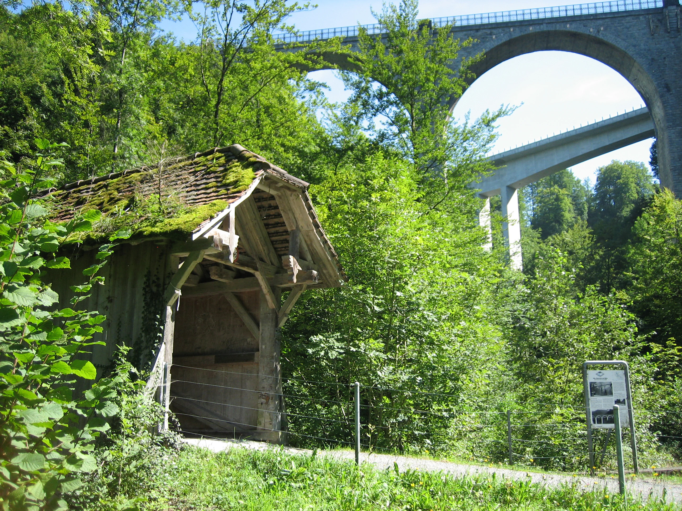 An older wooden covered bridge with a tiled, mossy roof sits in the foreground, with two large concrete viaducts spanning the gorge above it, surrounded by dense green forest.