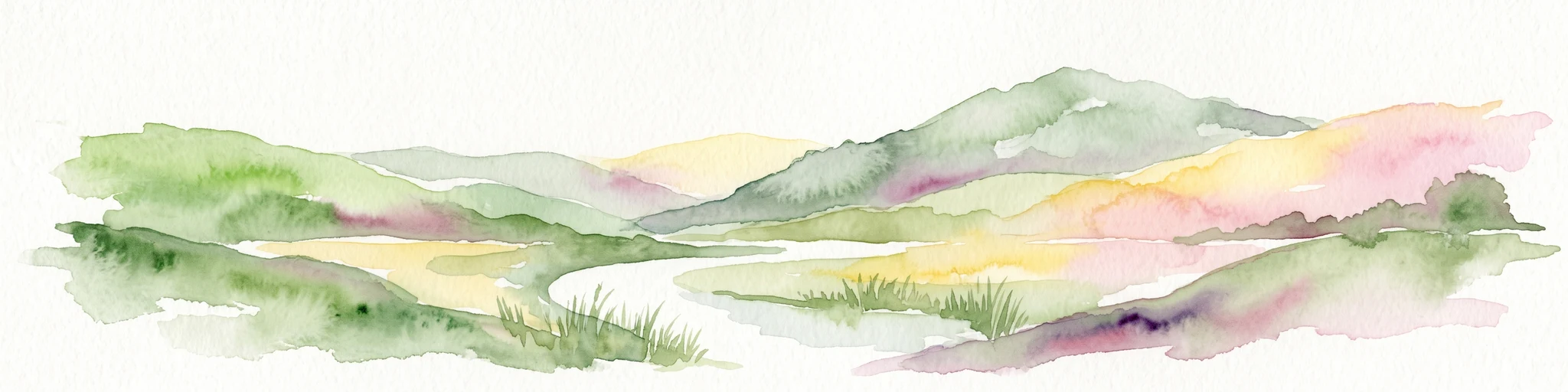 A soft watercolor painting of undulating green hills, meadows, and a winding path against a white background.