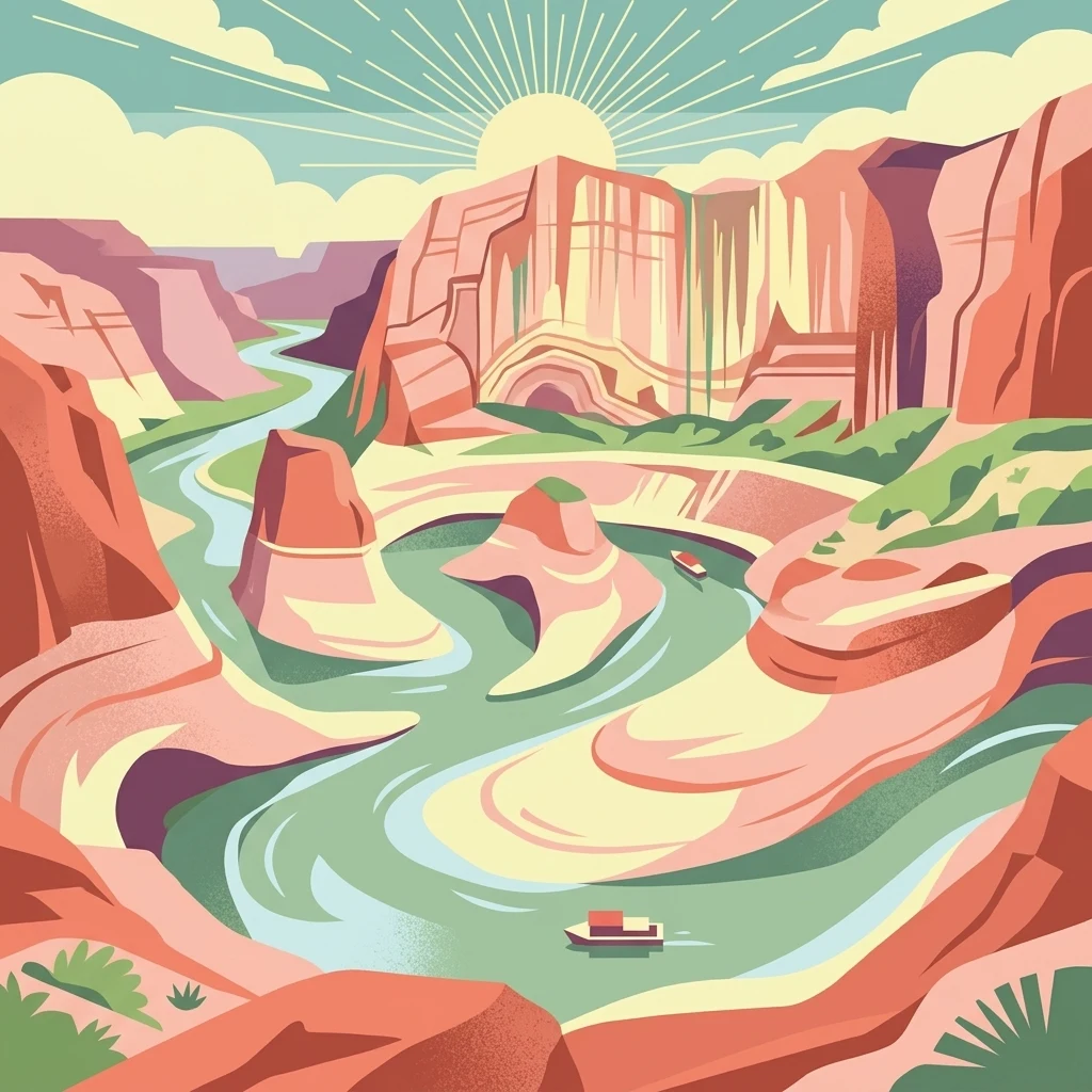 A stylized, colorful illustration of a winding river flowing through deep, layered desert canyon walls under a sunburst, with small boats on the water.