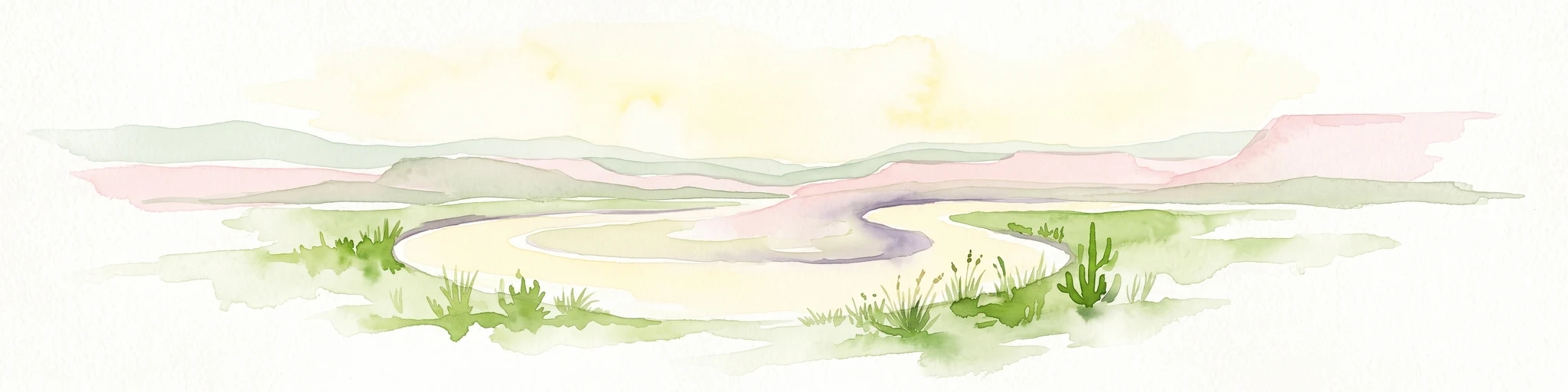 A horizontal watercolor painting showing a soft-focus landscape with a pale river winding through desert terrain under a hazy sky, with stylized cacti in the foreground.