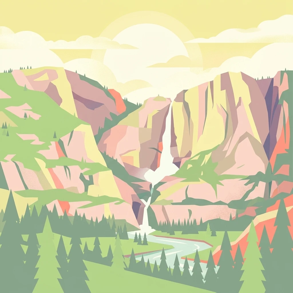 A minimalist, stylized vector illustration of a mountain valley featuring a waterfall cascading down a cliff into a river, surrounded by pine trees, rendered in soft pastel colors.