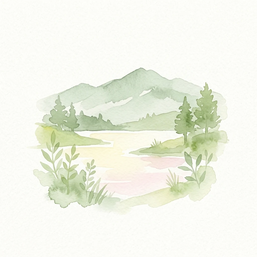 Watercolor illustration of a lake surrounded by trees and mountains with soft green and blue hues.