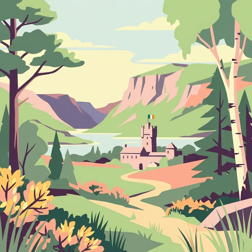 Ilustración estilizada del Parque Nacional Glenveagh que presenta el Castillo de Glenveagh, un sendero sinuoso, un lago, montañas y árboles