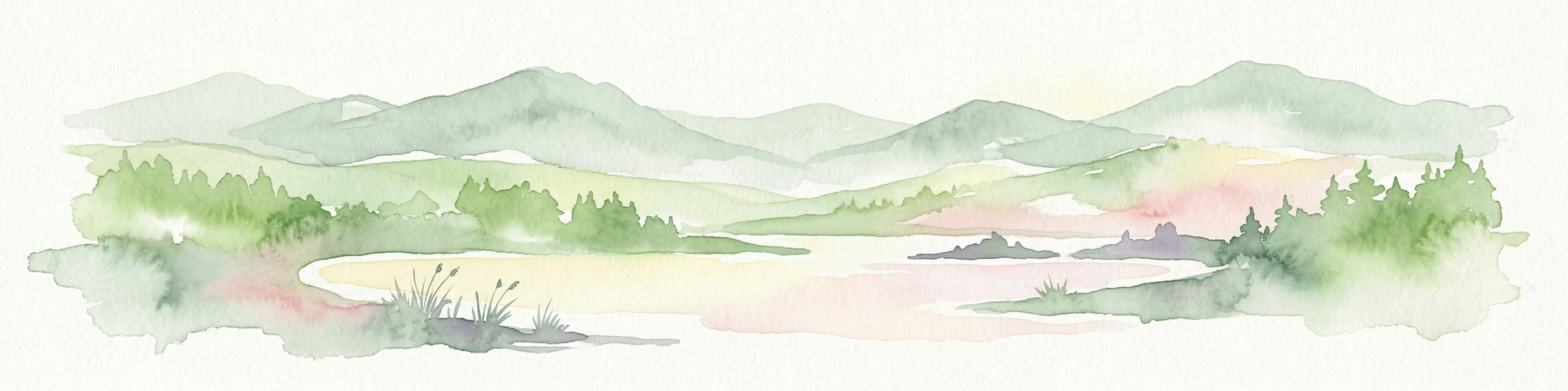Ilustración en acuarela de un paisaje montañoso con un lago y bosques