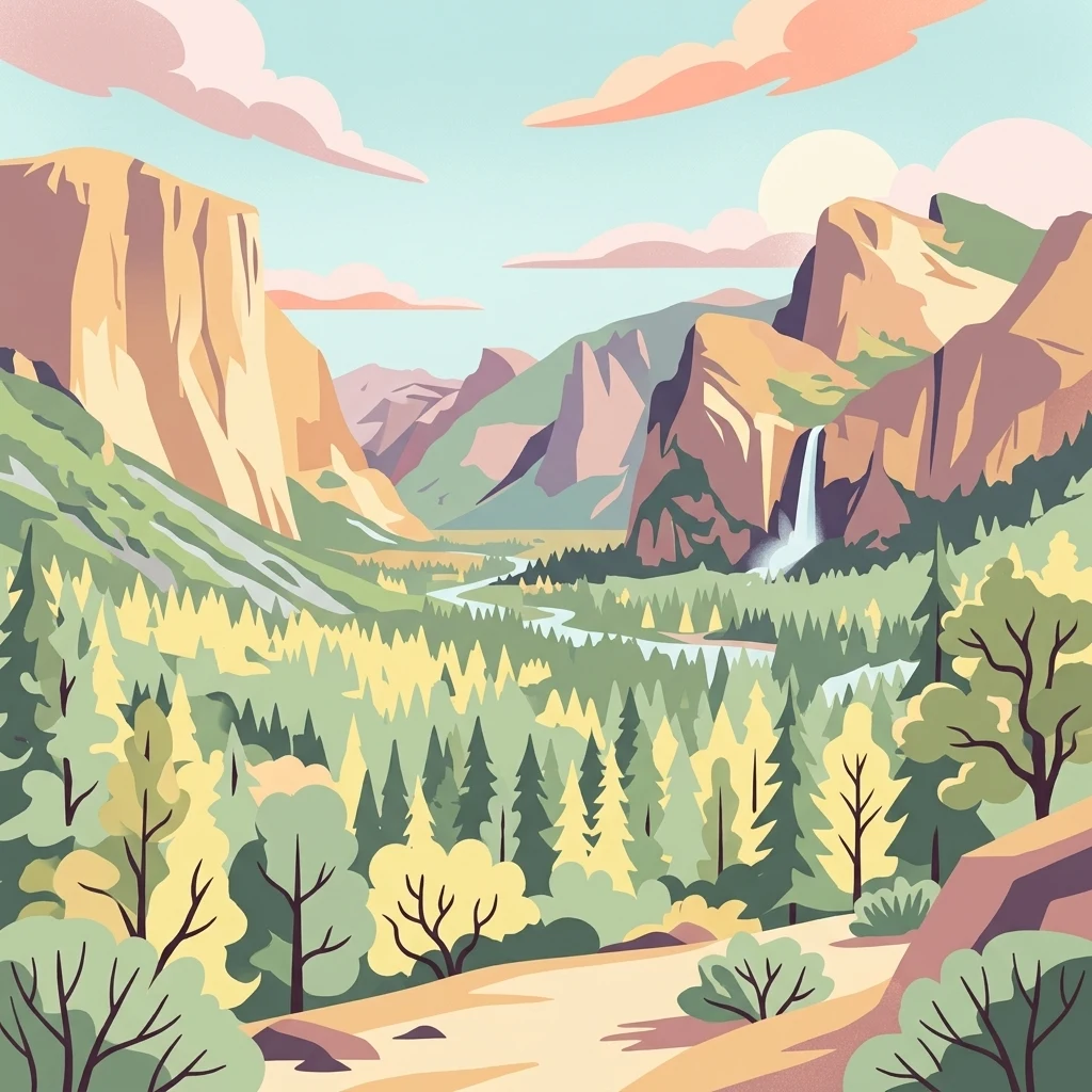 A stylized flat-design illustration showing a sweeping valley view between large mountain cliffs, with a river and a waterfall in the background surrounded by dense pine forest.