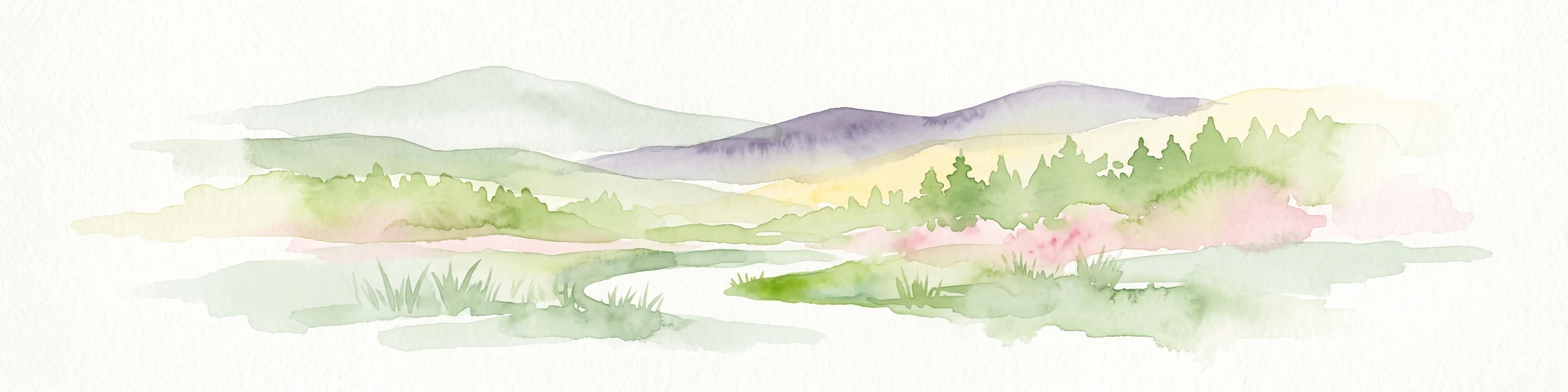 Una ilustración suave en acuarela que muestra colinas verdes onduladas, un pequeño arroyo serpenteando en primer plano y picos lejanos de tonos púrpura sobre un fondo blanco.
