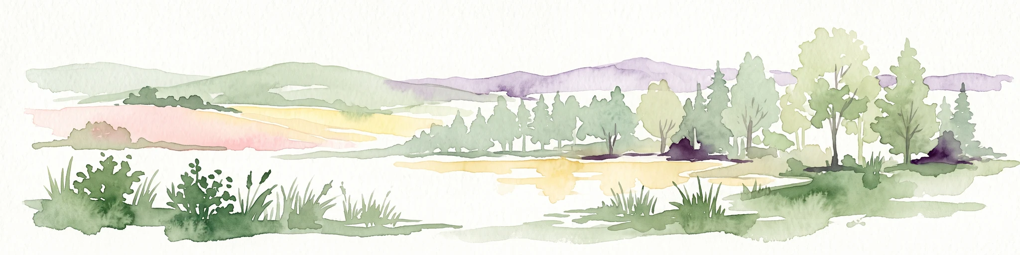 A horizontal watercolor painting depicting a calm wetland landscape with soft green trees, grassy banks, and rolling hills in the background.