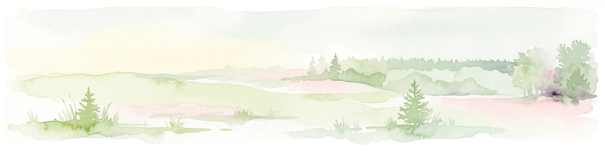 A watercolor-style illustration of a soft, grassy landscape featuring sparse coniferous trees and a gently rolling, light-colored horizon.