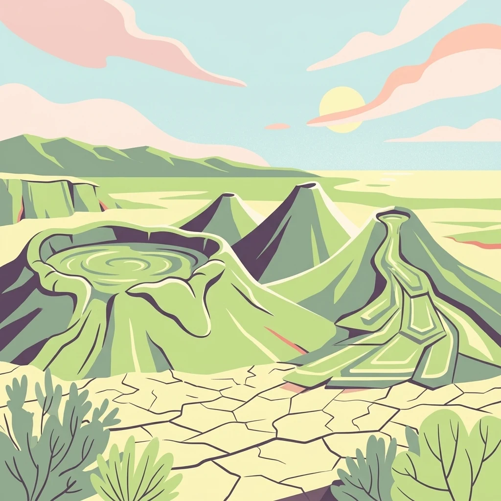Una ilustración estilizada que muestra volcanes de lodo, tierra desértica agrietada y colinas bajo un cielo suave al atardecer.