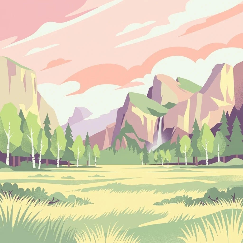 A flat-style digital illustration featuring a meadow with tall grasses, a line of coniferous and deciduous trees, and large jagged mountains in the background under a soft pastel sky, including a small waterfall on a mountain face.