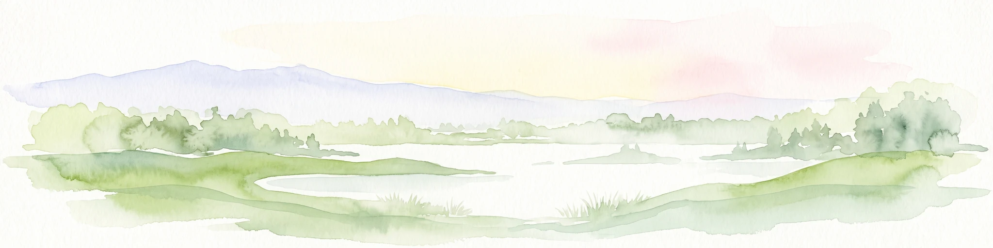 A soft watercolor painting depicting a pale, hazy landscape with green grassy fields, light green trees, and distant faint mountains under a pastel sky.