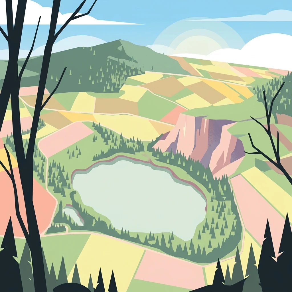 A digital illustration showing a high angle, wide view of a lake surrounded by forests, meadows, and rocky cliff faces, framed by dark stylized tree silhouettes in the foreground.