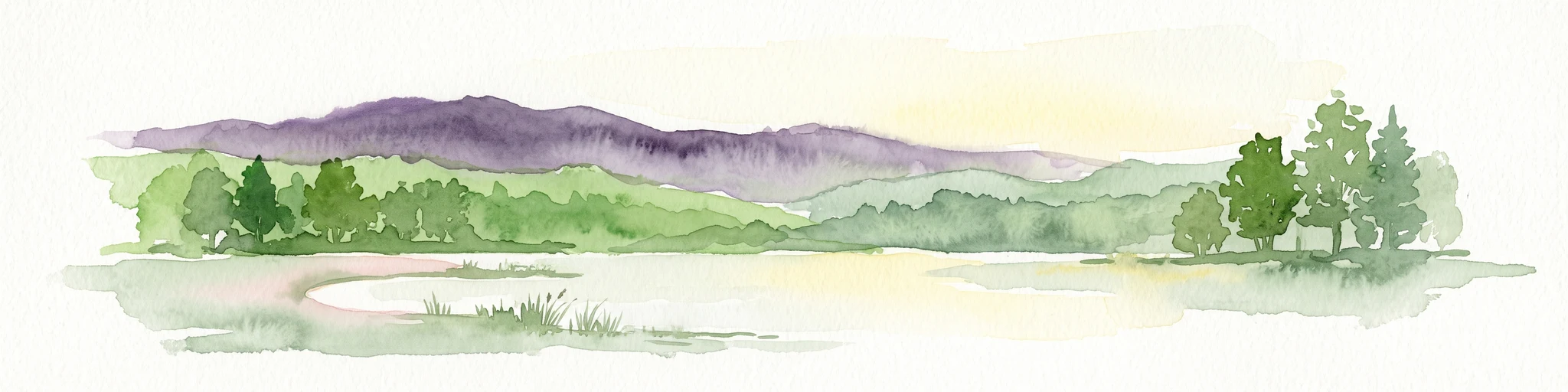 A horizontal watercolor painting of a serene lake bordered by a shoreline with trees and distant rolling hills against a soft background.