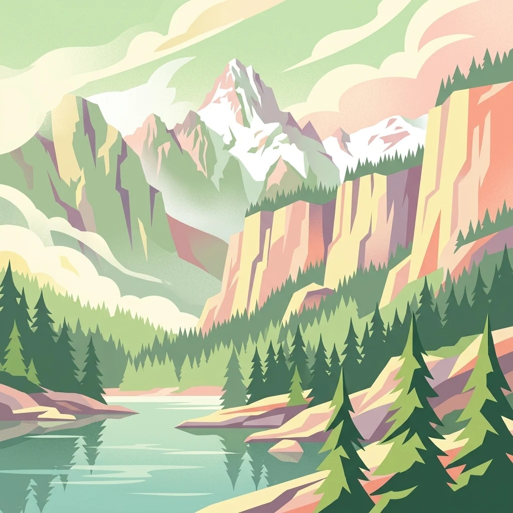 Una ilustración digital que muestra una cima nevada elevándose sobre un bosque que rodea un lago tranquilo, representada en un estilo de arte plano moderno con una paleta de colores pastel.