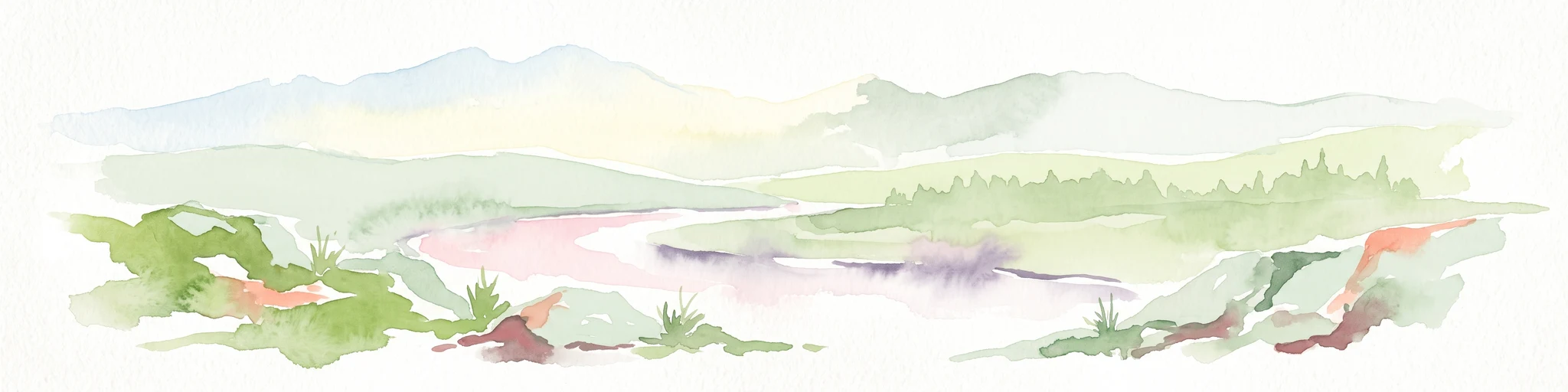 A watercolor painting showing a soft-focus landscape with rolling green hills, distant mountains, and a central river or water feature.