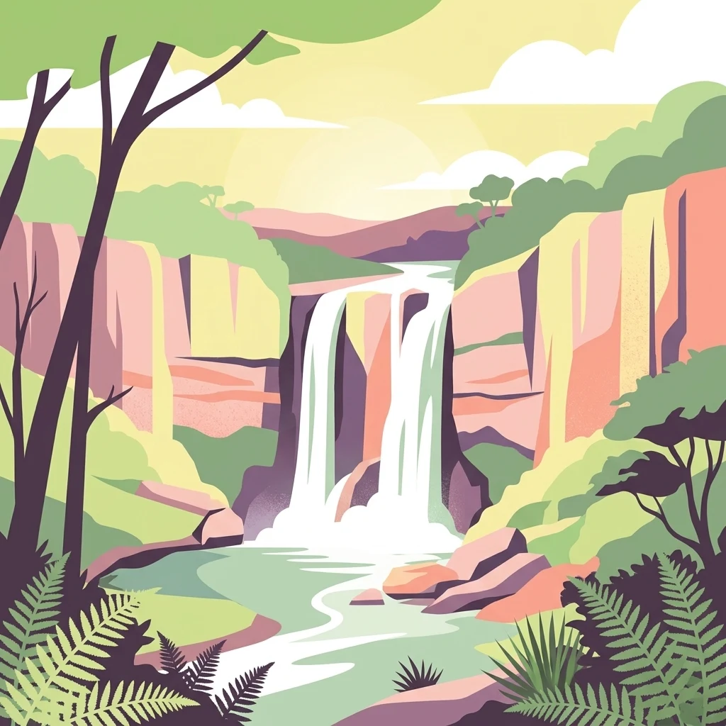 Ilustración digital en estilo vectorial de una cascada que cae entre dos acantilados rocosos hacia una poza, enmarcada por árboles y helechos.