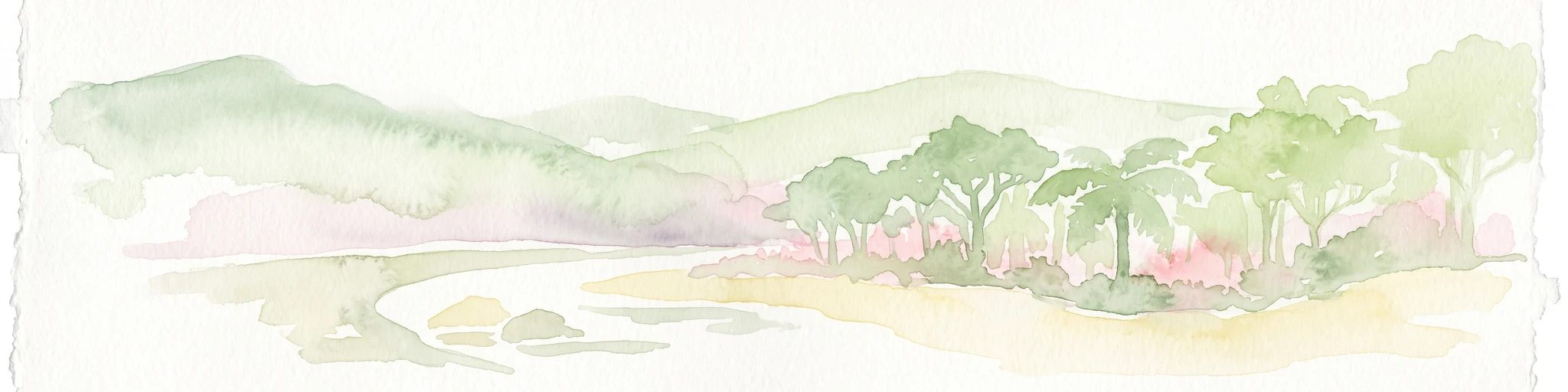 A soft, pale watercolor illustration depicting a winding stream flowing through a lush, green landscape with gentle hills in the background.