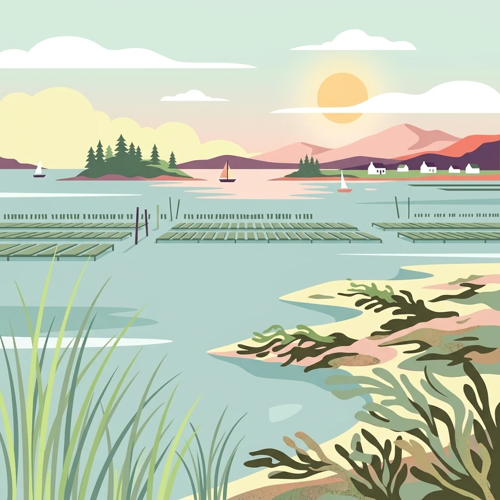 A peaceful vector-style illustration of a coastal gulf scene at sunrise, featuring calm water, small islands with pine trees, distant hills, sailboats, and structured rectangular oyster farming racks in the water, with marshy vegetation in the foreground.