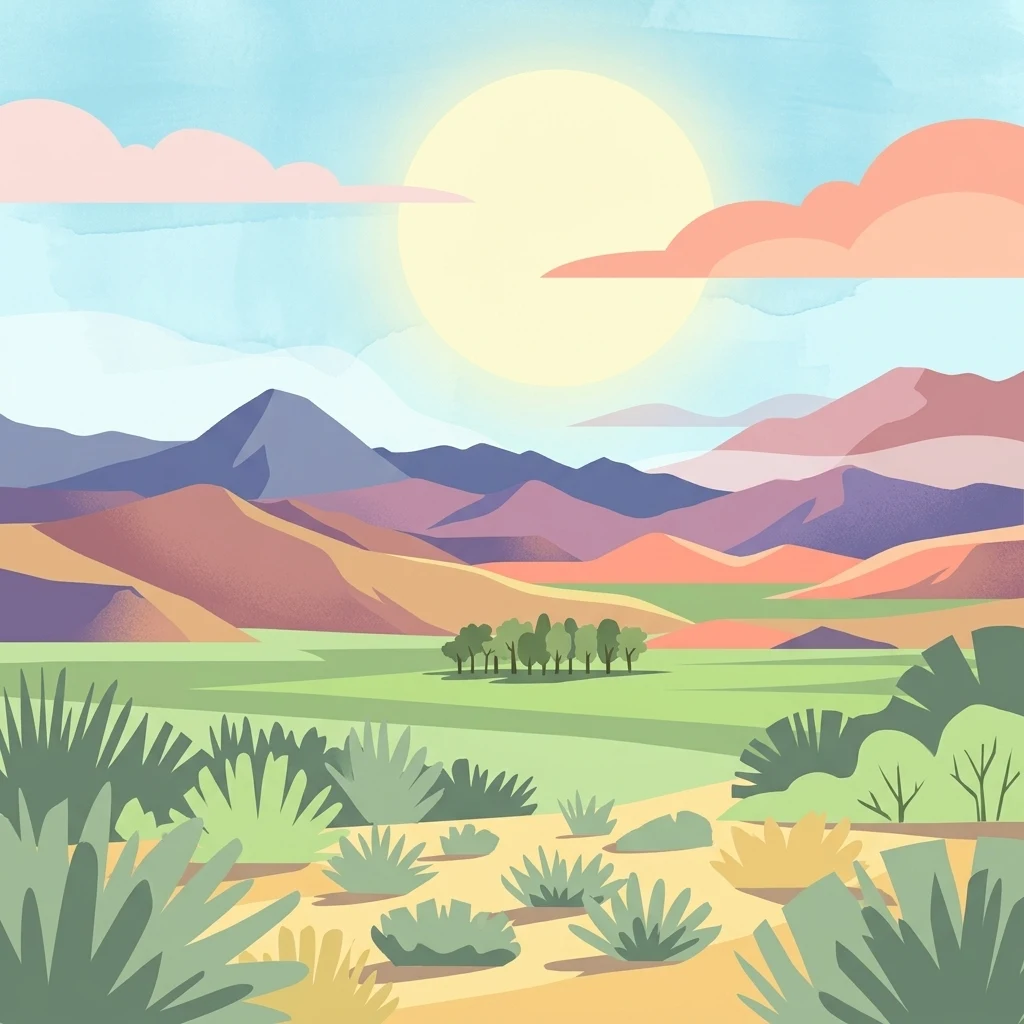 Stylized digital illustration of a desert landscape with scrub vegetation in the foreground, a grassy plain in the middle ground, and layered purple and orange mountains under a bright sun.