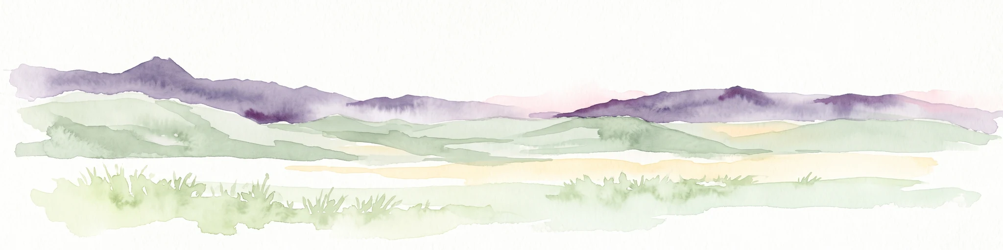 A horizontal watercolor illustration depicting rolling, sandy desert dunes in the foreground and light purple, hazy mountain silhouettes in the background against a white sky.