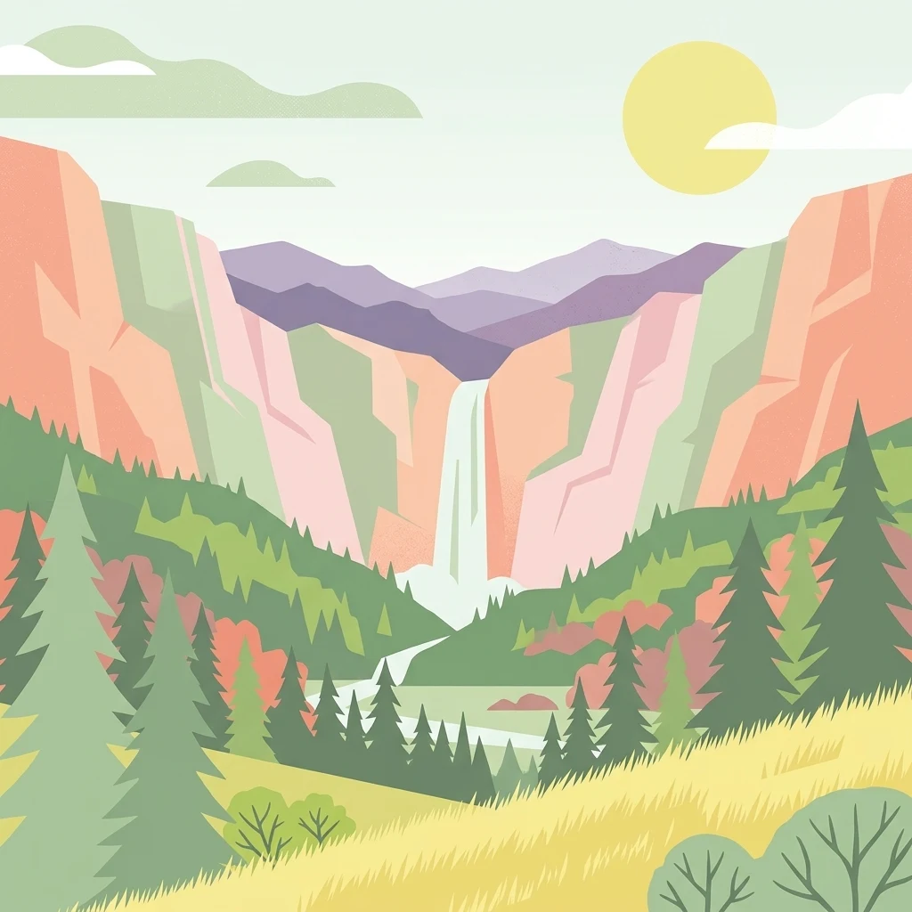 Una ilustración vectorial plana y estilizada de un valle entre acantilados rocosos escarpados, con una cascada central que cae hacia un valle boscoso, bajo un sol pálido y un cielo despejado.