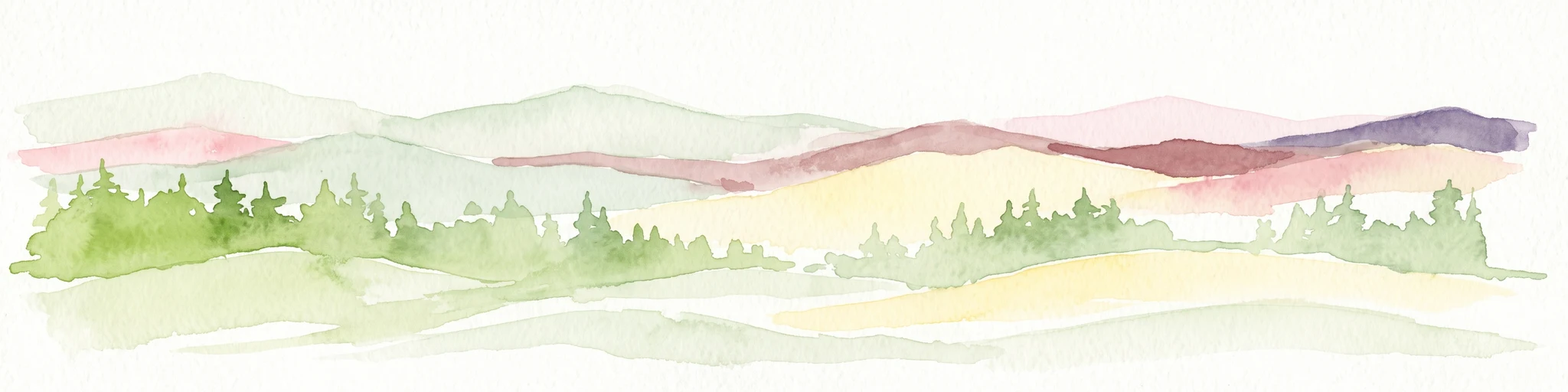 Una ilustración horizontal en acuarela que representa montañas onduladas y en capas en tonos de púrpura, rojo y verde suave, con un primer plano de siluetas de bosque perenne verde sobre un fondo blanco.