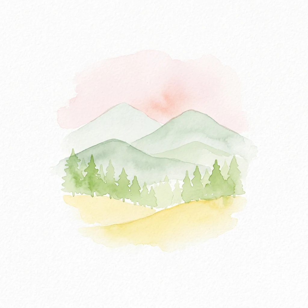Watercolor illustration of green mountains, pine trees, and yellow terrain under a pink sky