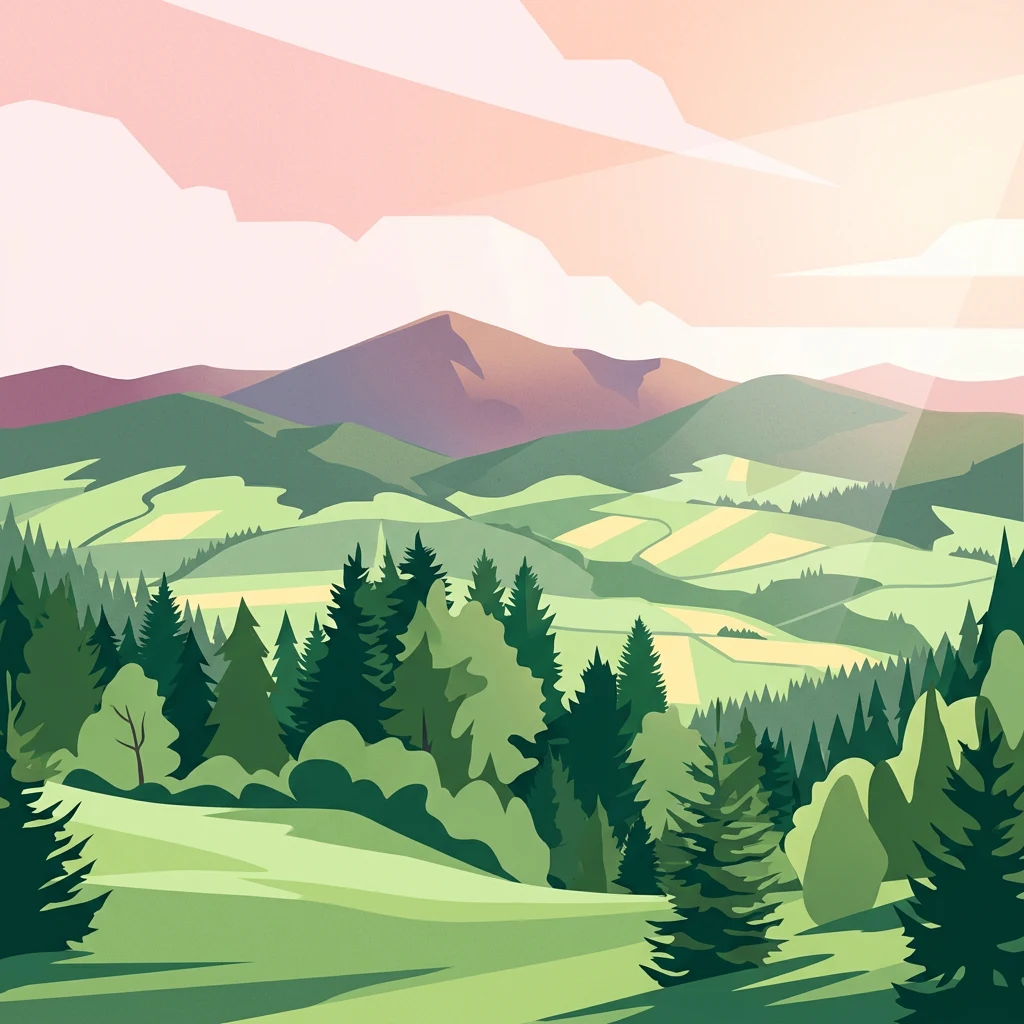 Ilustración estilizada de colinas verdes onduladas, bosques y montañas bajo un cielo de color rosa pálido