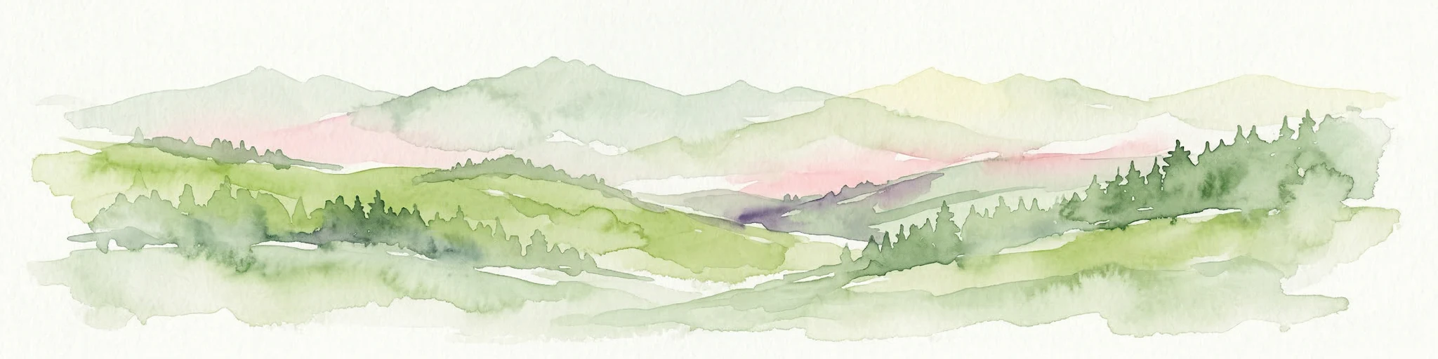 Watercolor painting showing rolling green hills, forests, and distant mountains under a pale sky