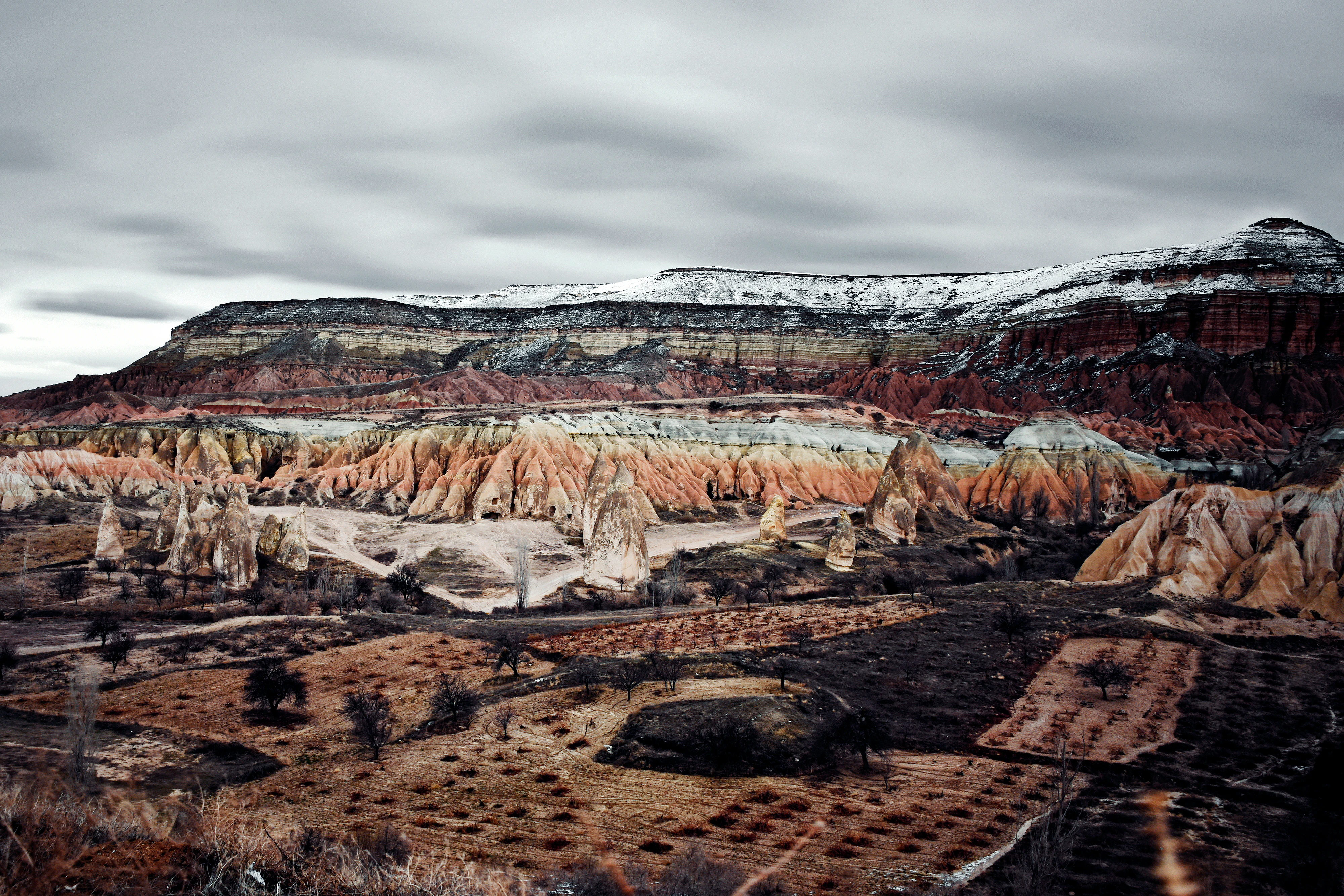 Panoramic view of Göreme Valley showing layered rock formations in red, orange, and white hues, terraced agricultural fields, and a cloudy sky