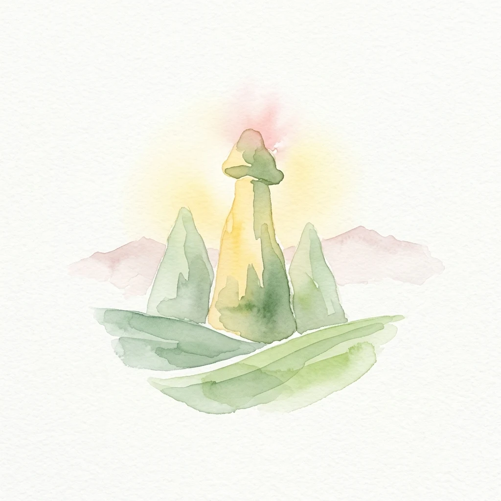 Watercolor illustration of distinctive rock formations with green and yellow tones, featuring a central tall cone-shaped formation against a backdrop of mountains with soft pink and purple hues