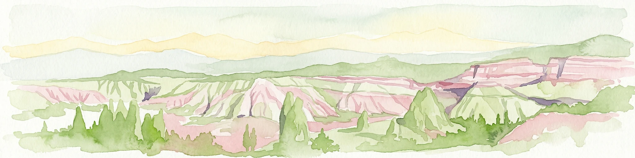Ilustración acuarela que muestra el paisaje del Parque Nacional Histórico de Göreme con formaciones rocosas características en tonos rosas y verdes.