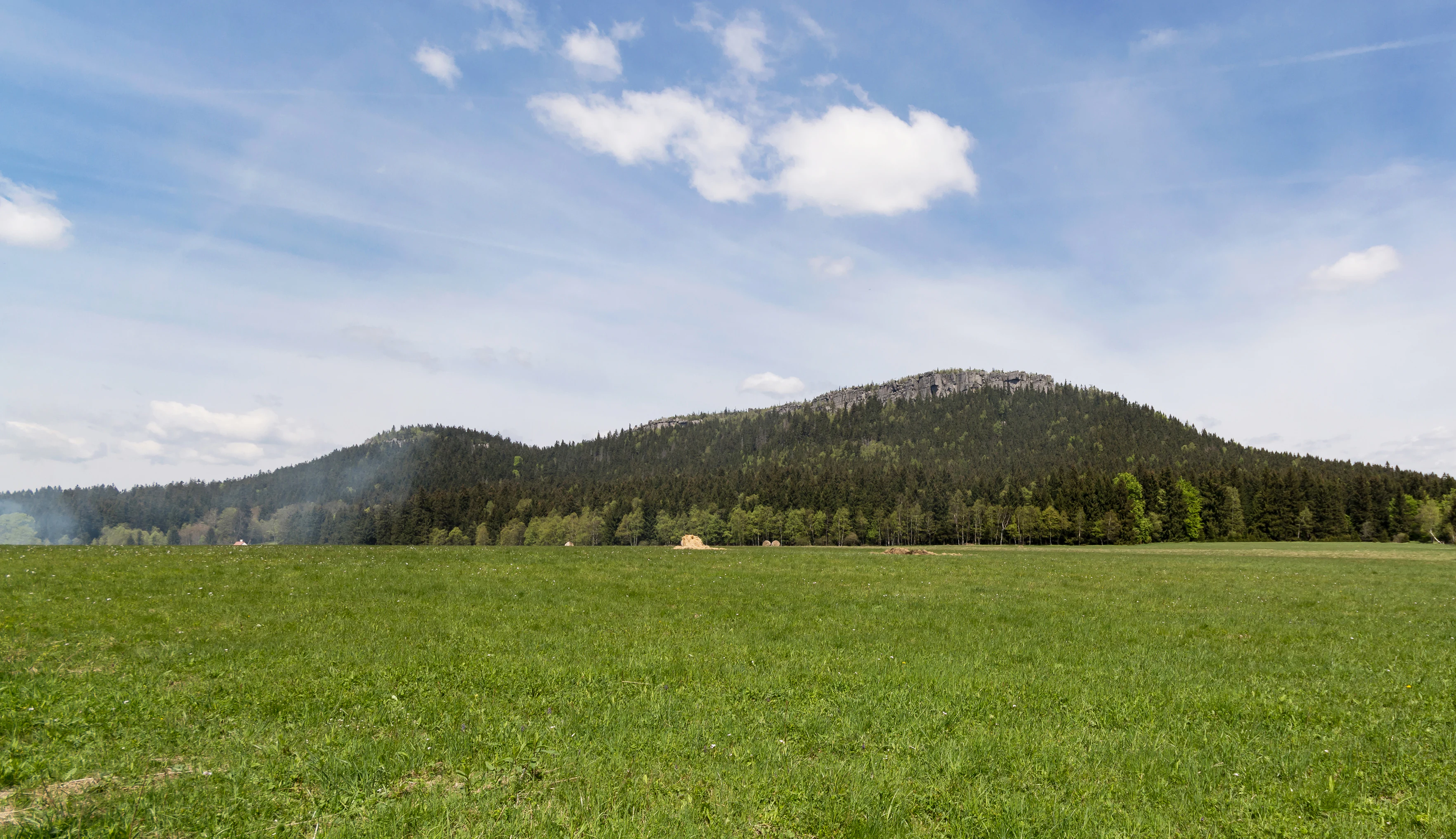 A wide shot of a green grassy field in the foreground leading to a forested table mountain range under a blue sky with light clouds.