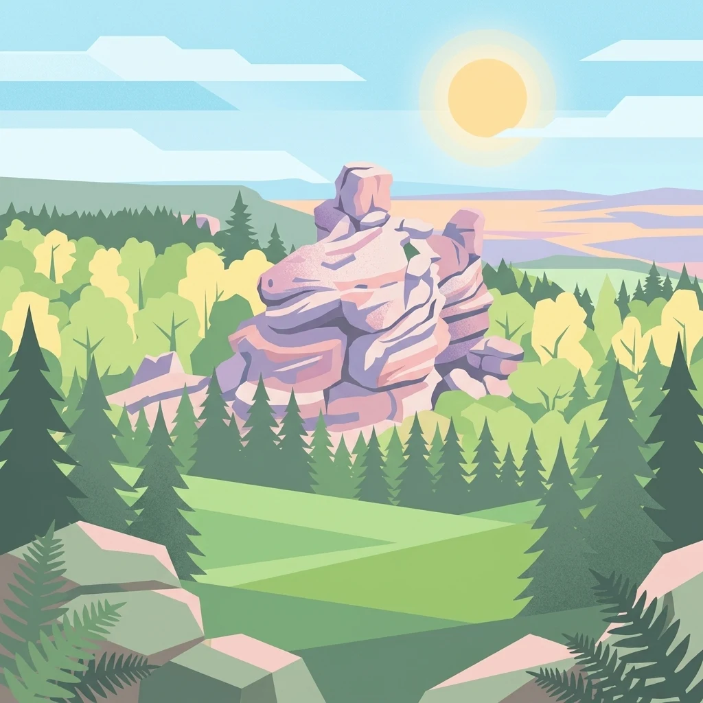 A flat-style digital illustration depicting a prominent, multi-tiered sandstone rock formation rising above a lush forest, with a bright sun in the sky and green foreground hills.