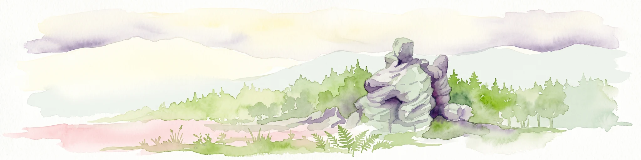Una ilustración horizontal en acuarela que representa una prominente formación rocosa de arenisca erosionada rodeada de bosque, contra un cielo suave y luminoso.