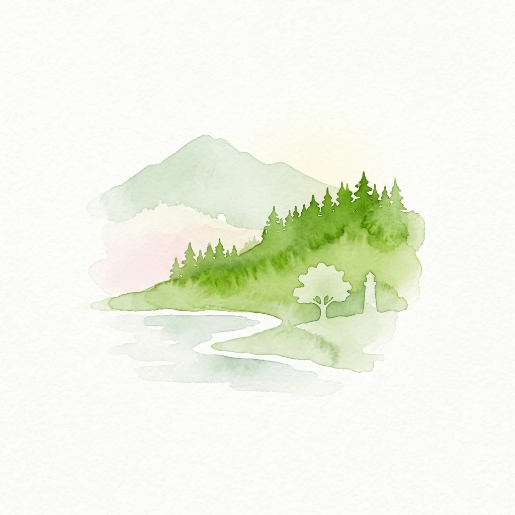 Watercolor painting showing a lake, forested hill, and distant mountains