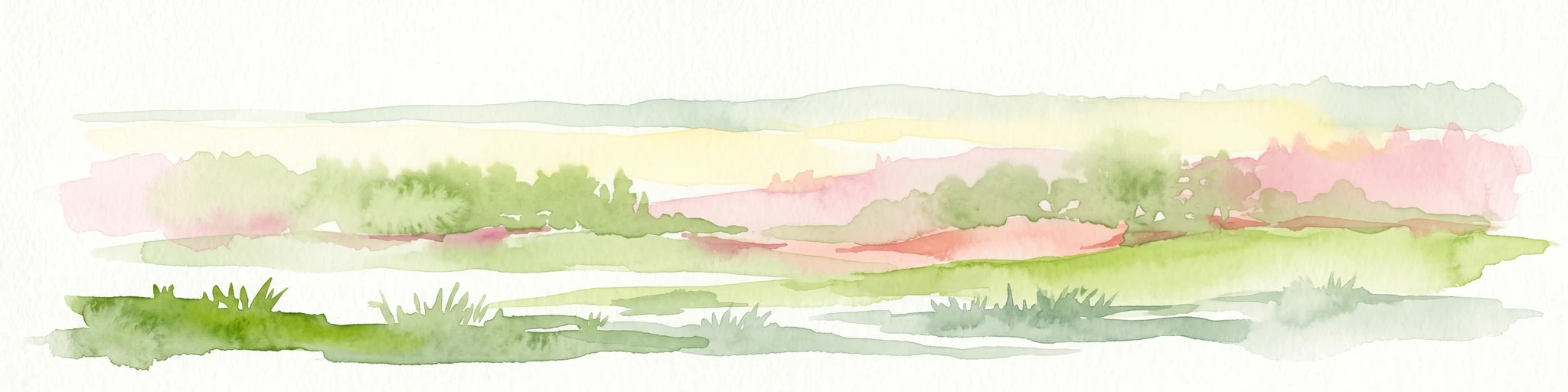 Ilustración de acuarela que muestra un paisaje costero con vegetación verde en primer plano, agua o arena de color claro en el plano medio y colores pastel en el cielo de fondo